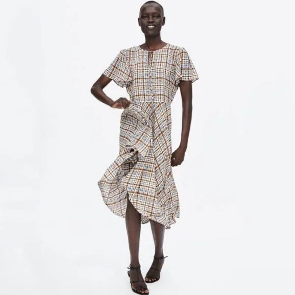 Zara Woman The Long Check Brown Plaid Flutter Sleeve Dress Sz L